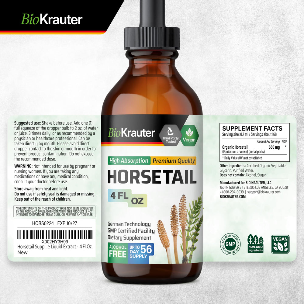 Silica-focused horsetail drops ideal for beauty routines.