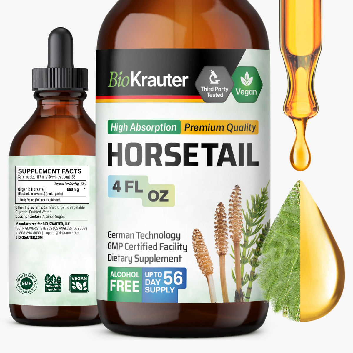 BIO KRAUTER Horsetail supplement bottle showing vegan silica for hair, skin, and nails.