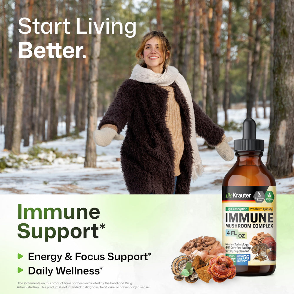 BIO KRAUTER ingredients label highlights Lions Mane, Shiitake, Reishi blend.