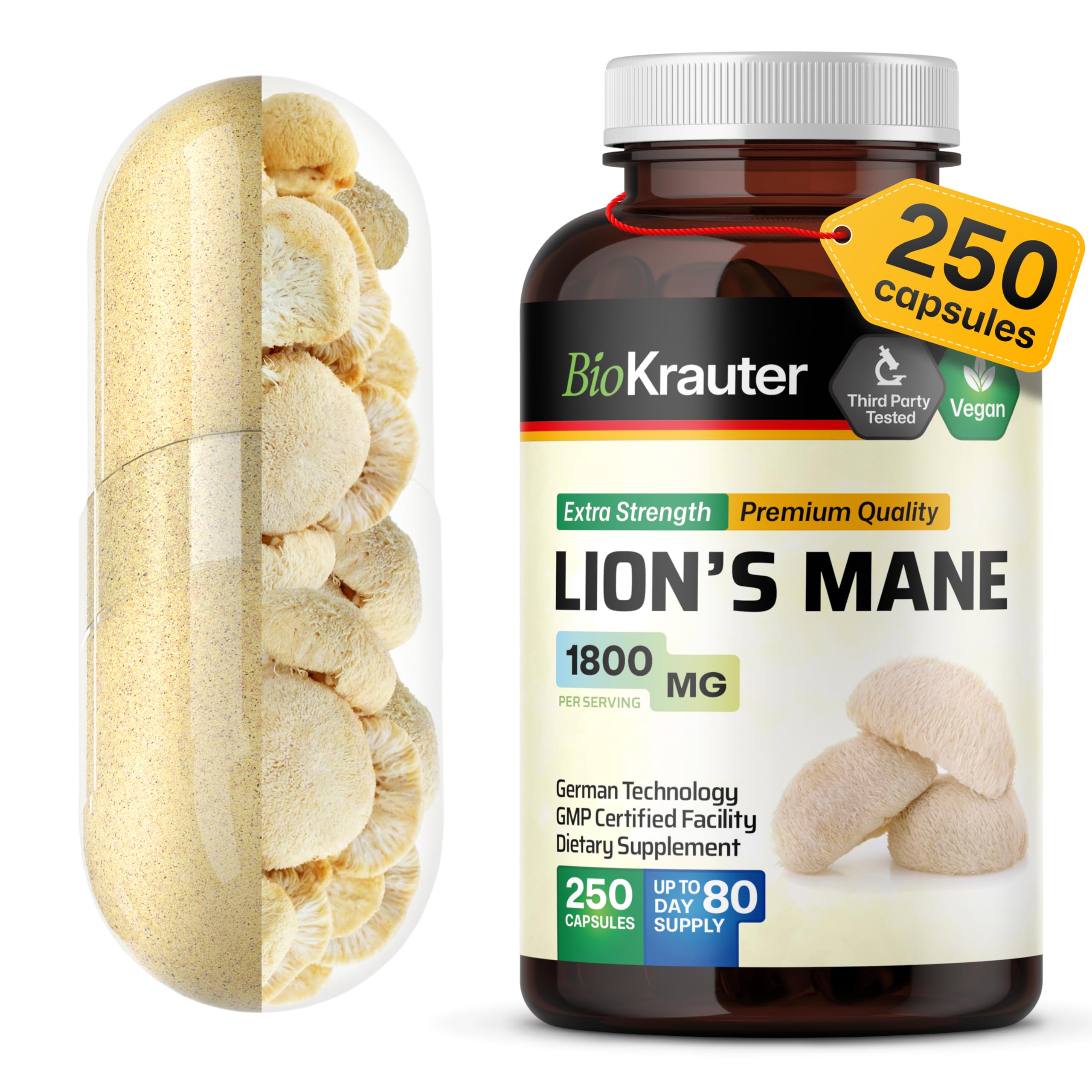 BIO KRAUTER Lions Mane bottle front showing the 1800 mg brain-support capsules.