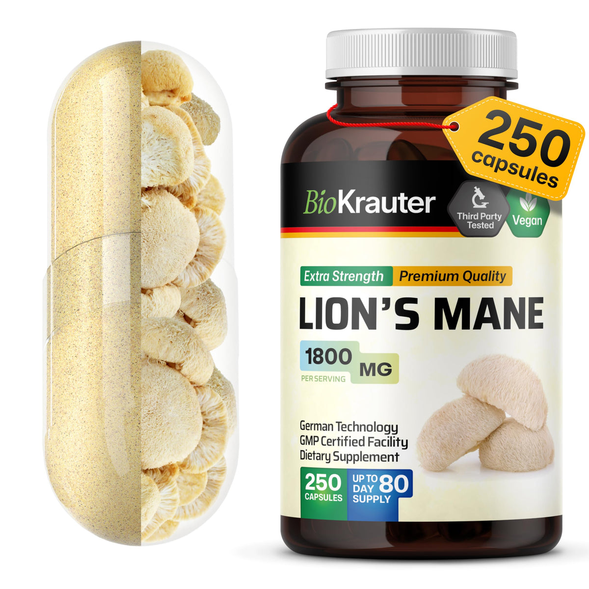BIO KRAUTER Lions Mane bottle front showing the 1800 mg brain-support capsules.