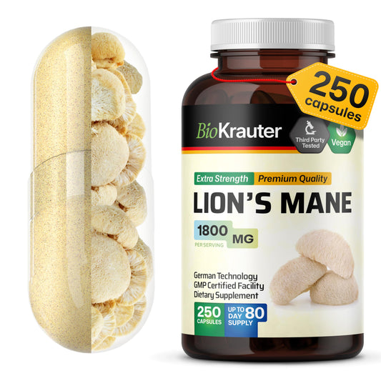 BIO KRAUTER Lions Mane bottle front showing the 1800 mg brain-support capsules.