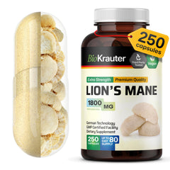 BIO KRAUTER Lions Mane bottle front showing the 1800 mg brain-support capsules.
