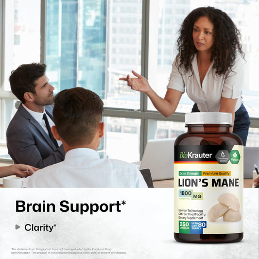 BIO KRAUTER Lions Mane capsules closeup highlighting vegan, non-GMO formula.
