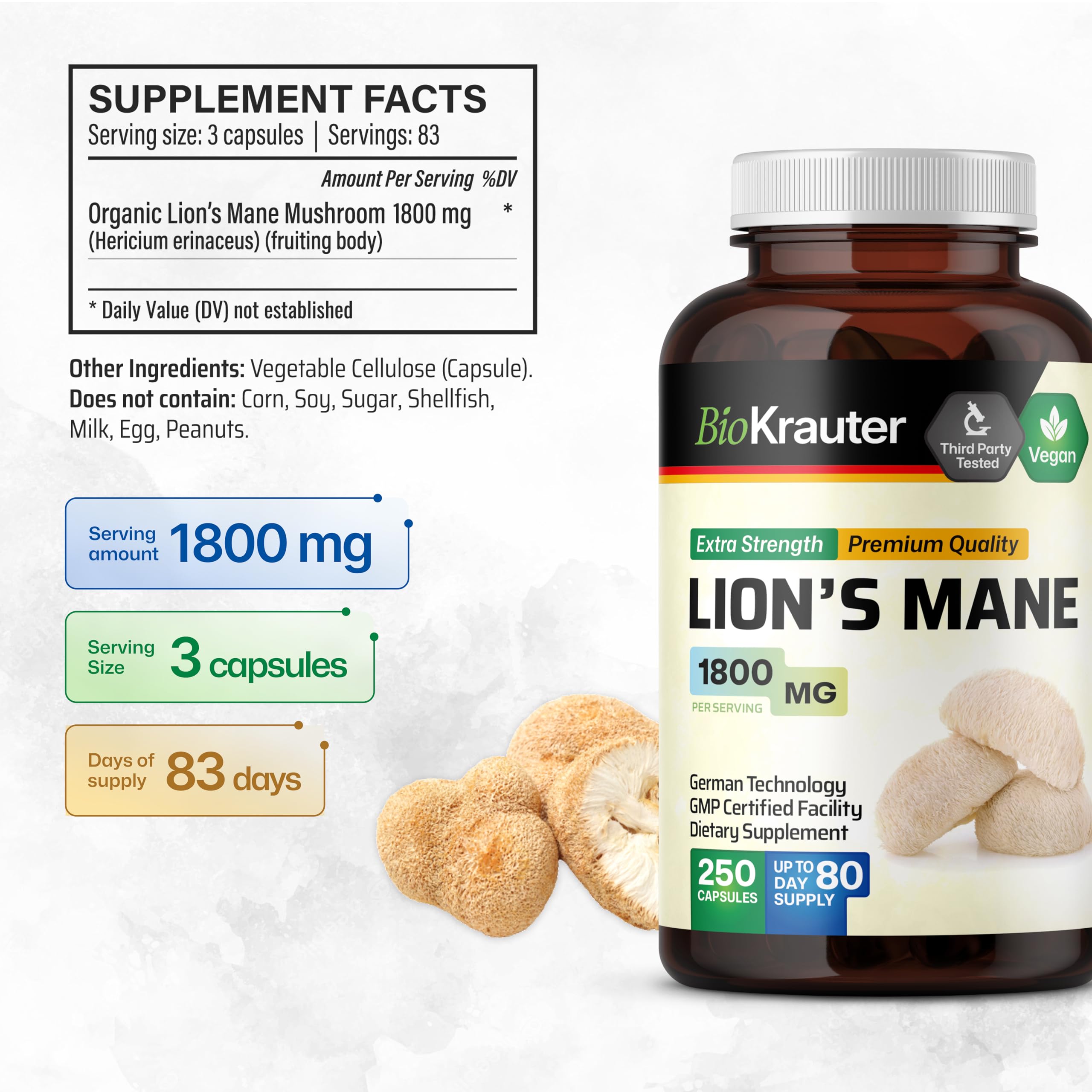 BIO KRAUTER Lions Mane label highlights natural extract and ingredients.