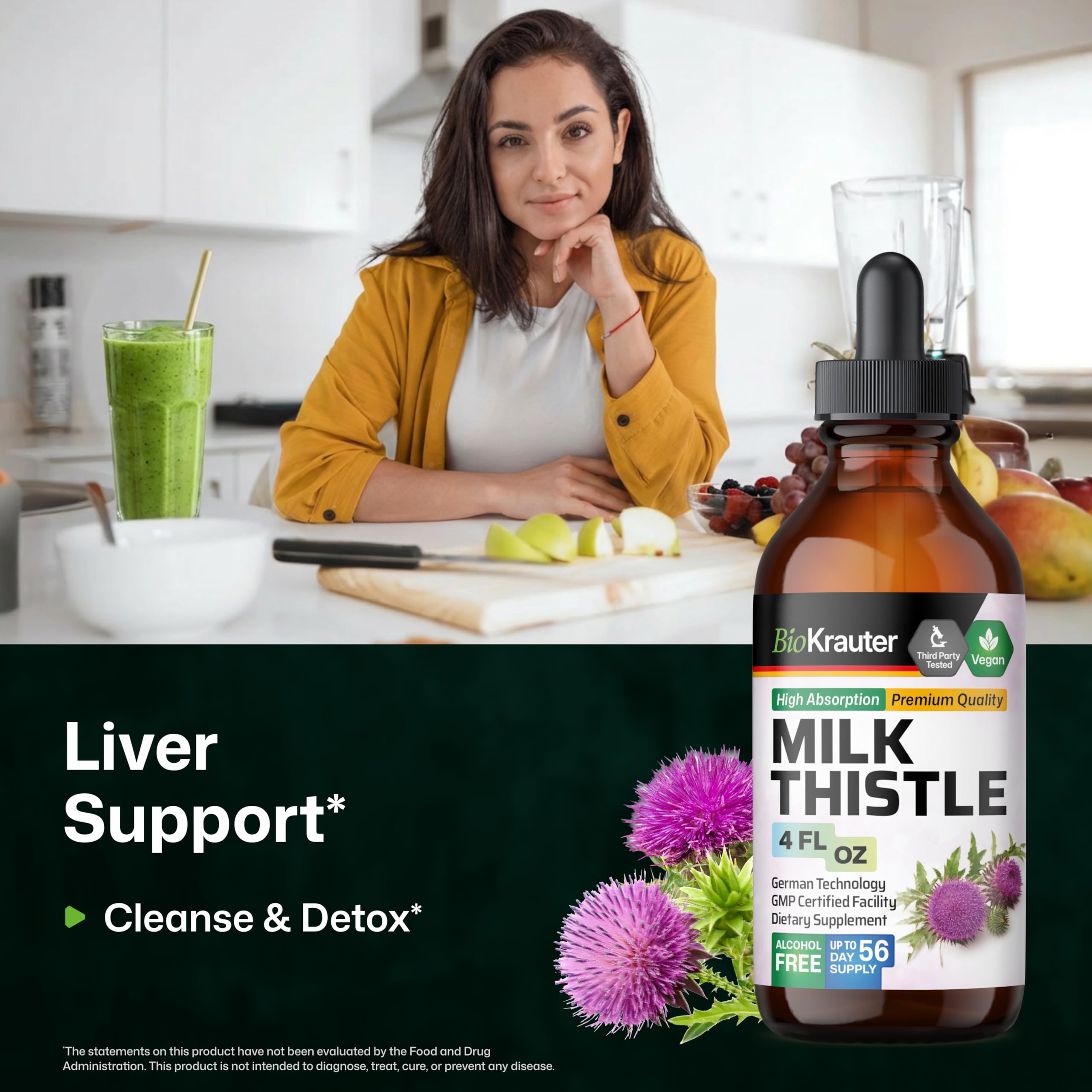 BIO KRAUTER Milk Thistle drops in water showing convenient mix.