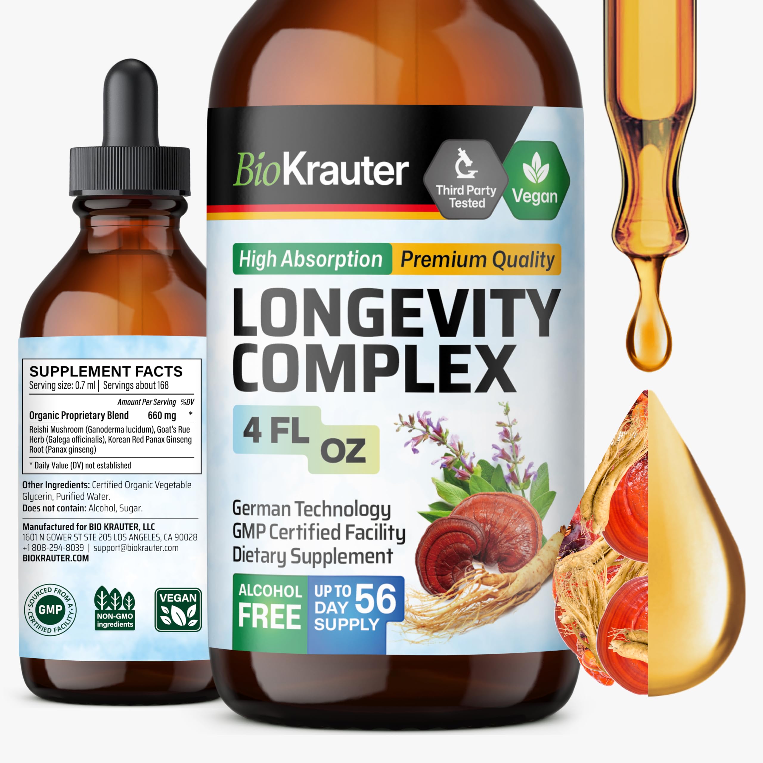 BIO KRAUTER Longevity Mushroom bottle closeup showing a clear, potent tincture for daily wellness.