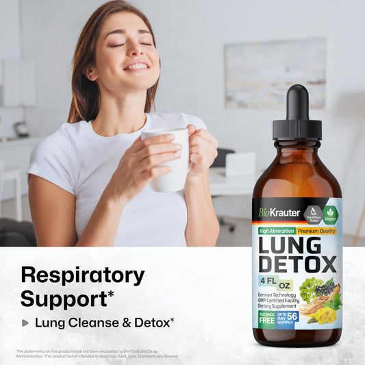 BIO KRAUTER Lung Detox Drops bottle back with ingredients for respiratory support.