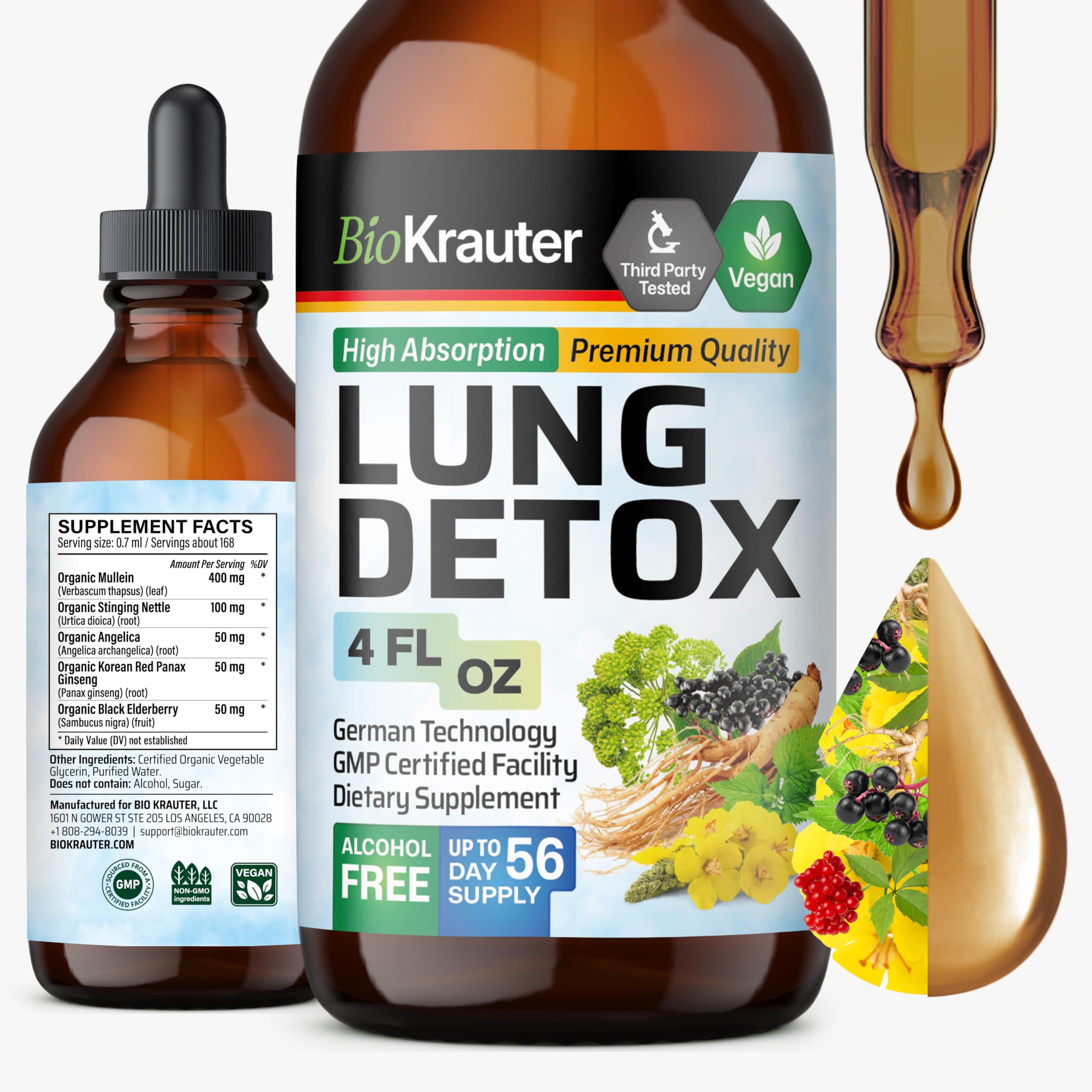 BIO KRAUTER Lung Detox Drops bottle front showing vegan lung support formula.