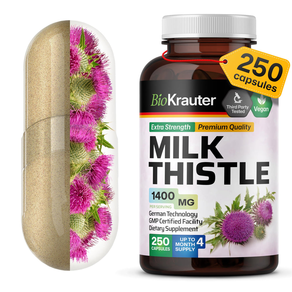 BIO KRAUTER Milk Thistle capsules bottle for liver support on kitchen counter.