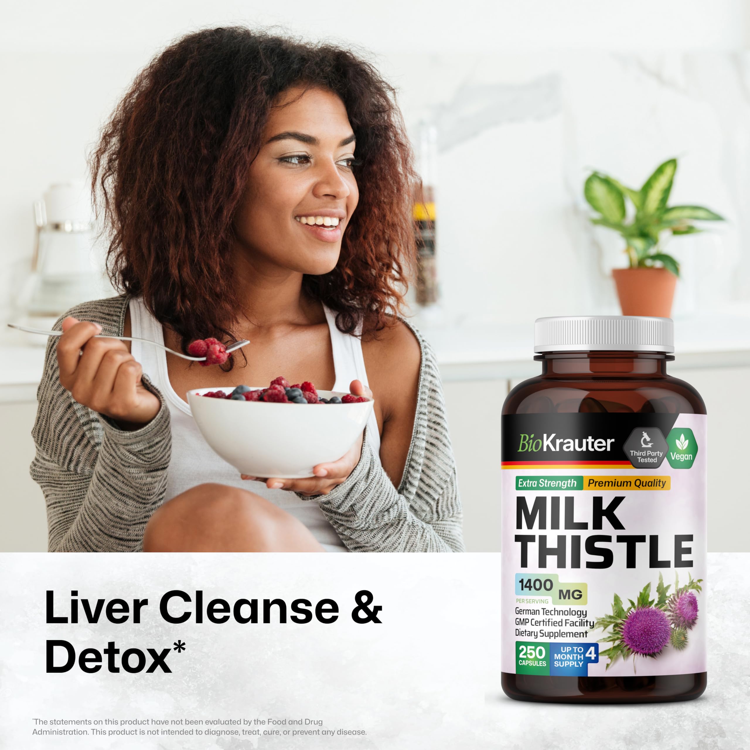 BIO KRAUTER Milk Thistle capsules close-up showing vegan capsules.