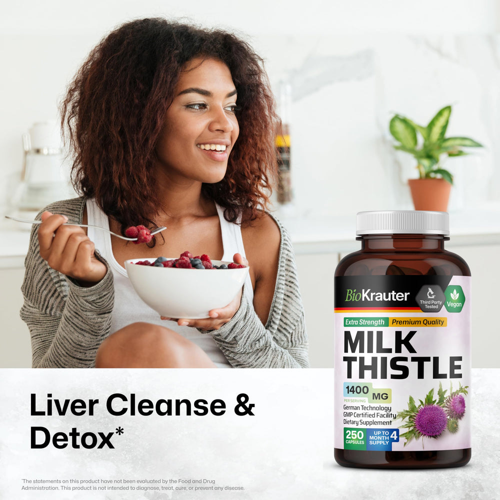 BIO KRAUTER Milk Thistle capsules close-up showing vegan capsules.