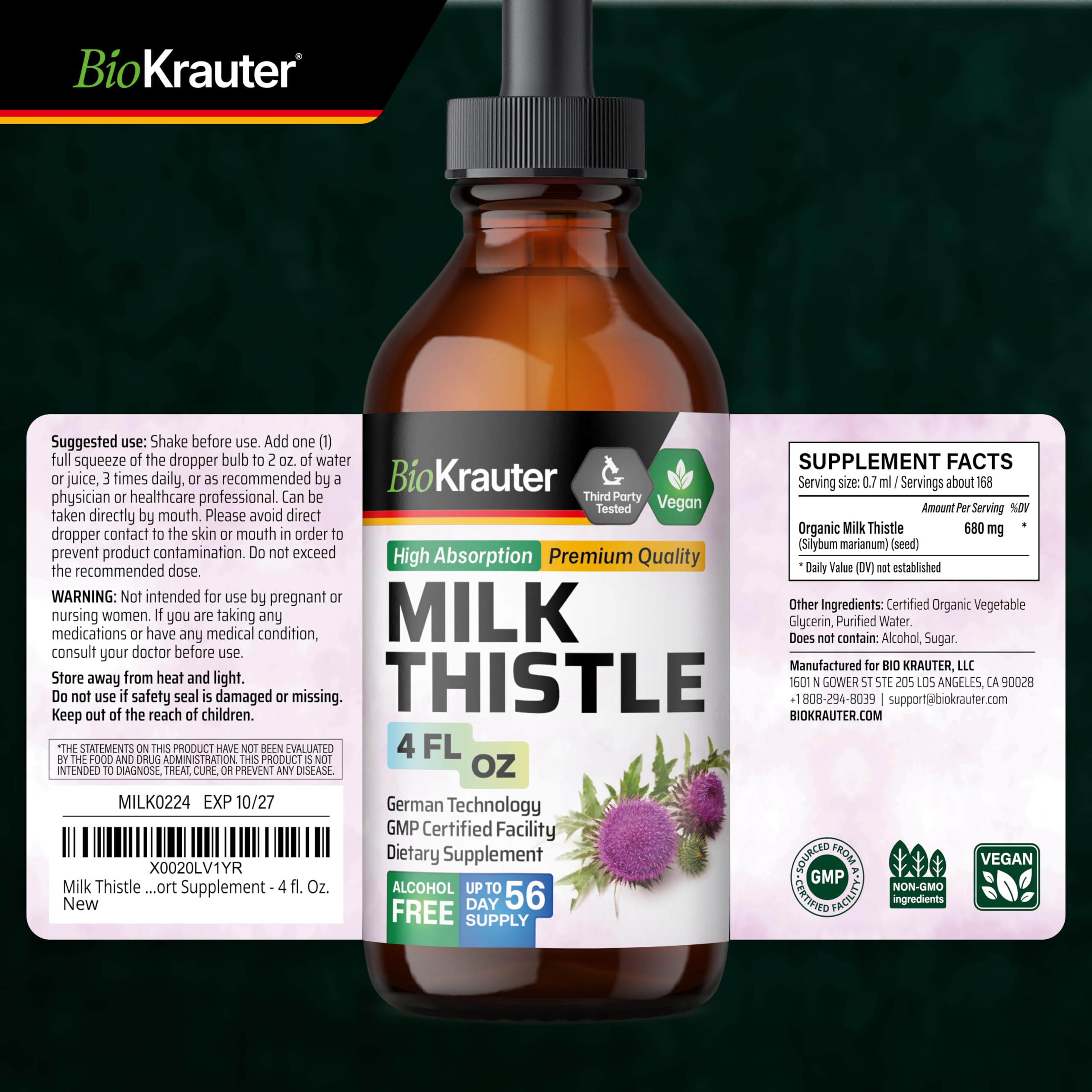 BIO KRAUTER Milk Thistle bottle labeled Made in USA with quality ingredients.