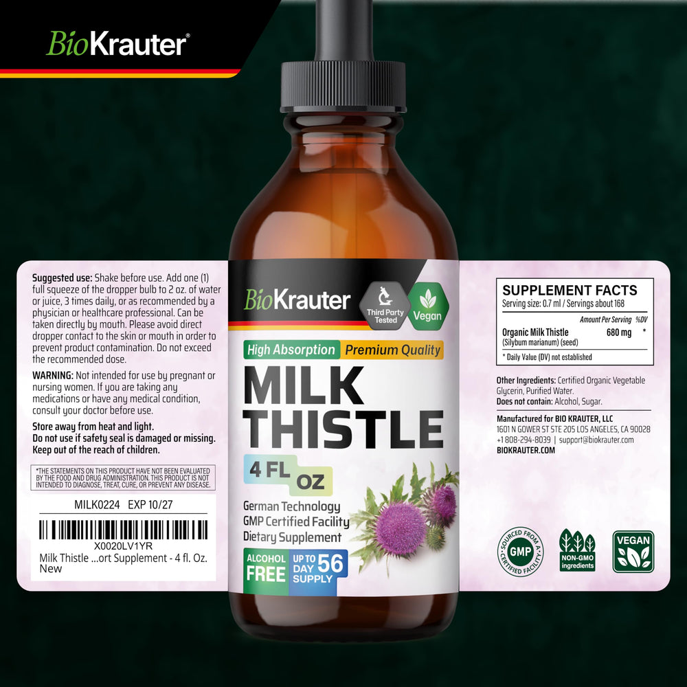 BIO KRAUTER Milk Thistle bottle labeled Made in USA with quality ingredients.