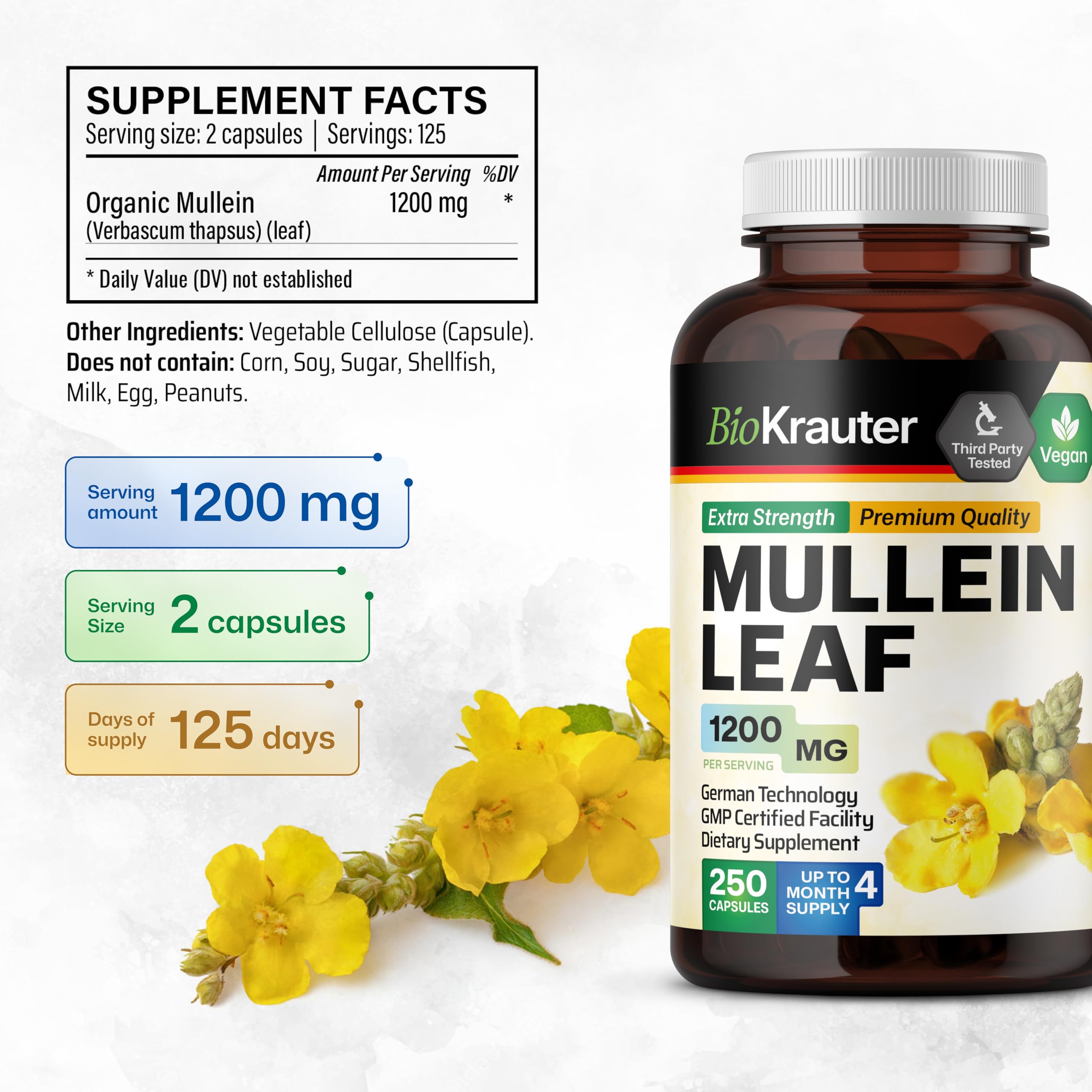 Bio Krauter Mullein Capsules bottle label emphasizes vegan, non-GMO formula