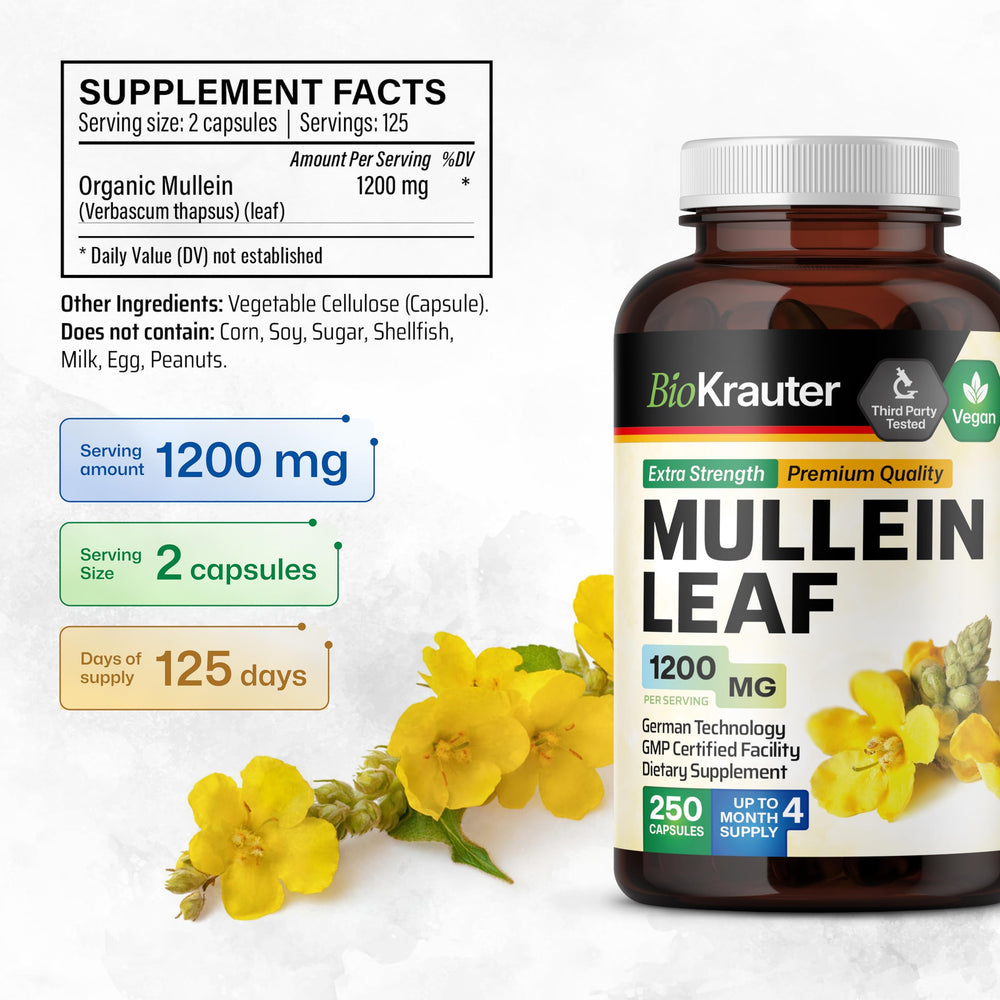 Bio Krauter Mullein Capsules bottle label emphasizes vegan, non-GMO formula