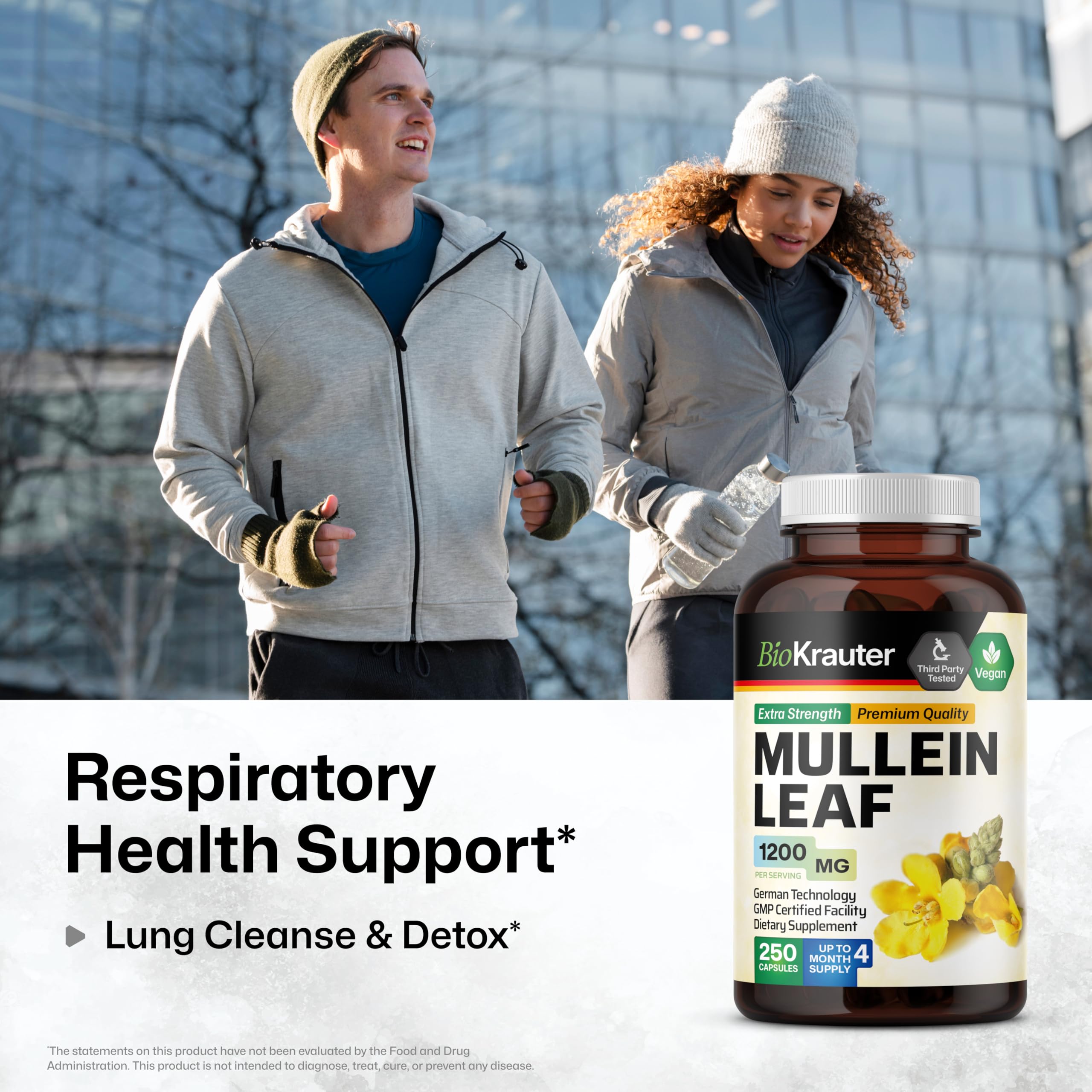 Bio Krauter Mullein Capsules closeup highlighting 1200 mg per capsule