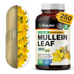 Bio Krauter Mullein Capsules pack shot showing a full bottle for lung support