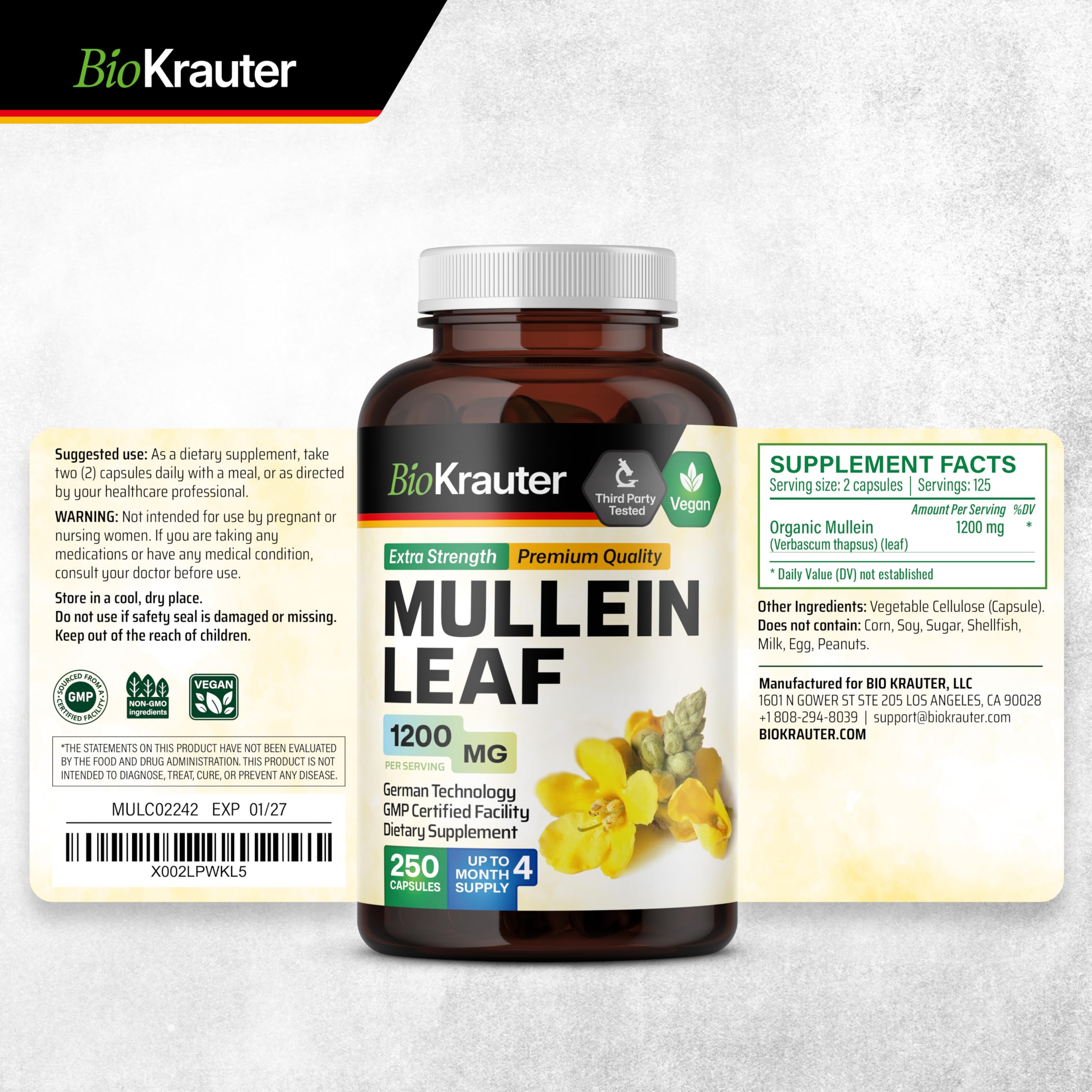 Bio Krauter Mullein Capsules on shelf display showing 125-day supply