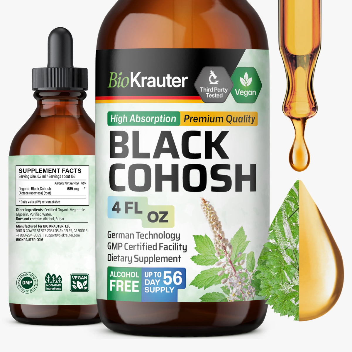 BIO KRAUTER Perimenopause bottle front—vegan, alcohol-free formula for daily women's wellness.