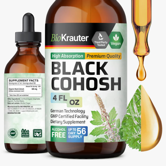 BIO KRAUTER Perimenopause bottle front—vegan, alcohol-free formula for daily women's wellness.