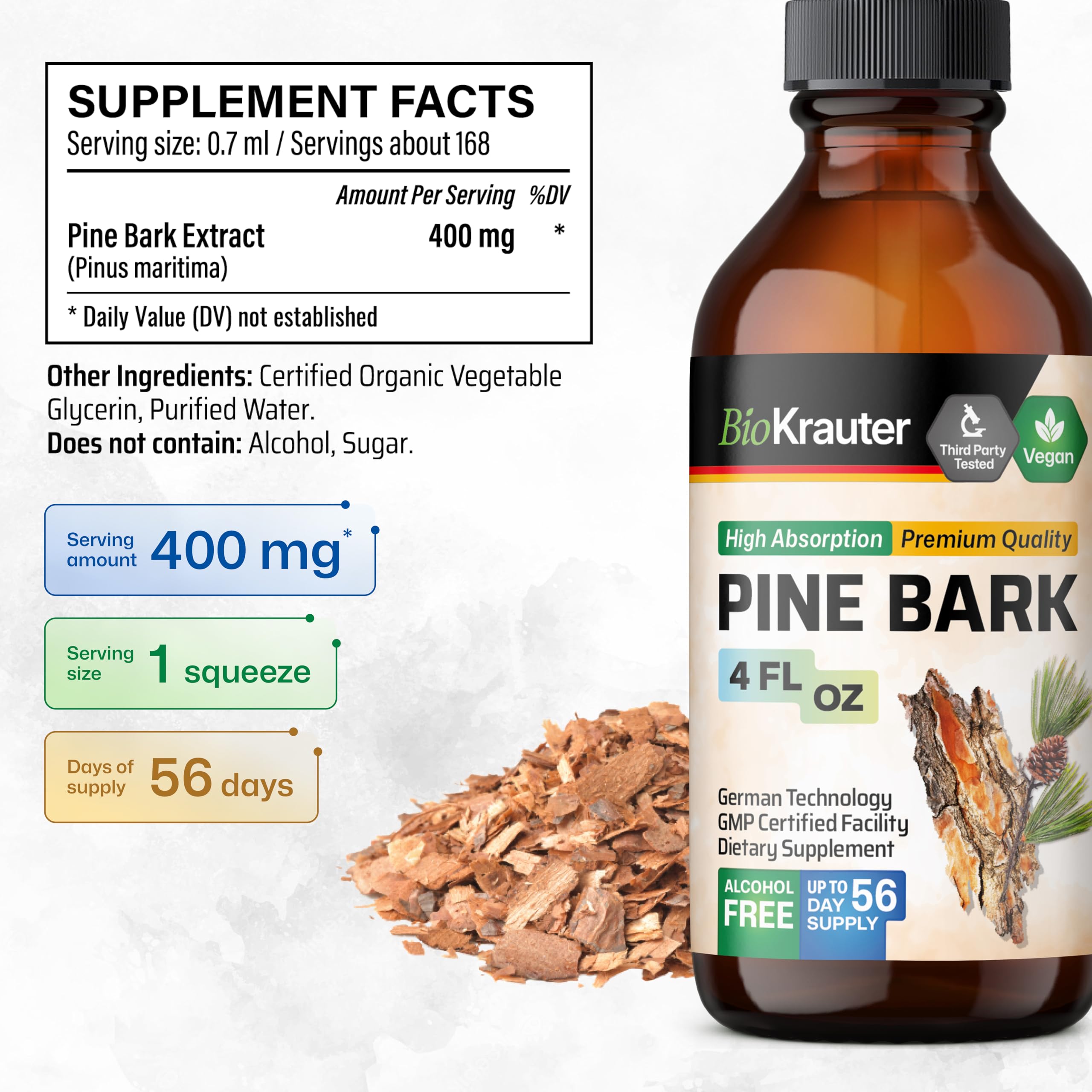 BIO KRAUTER Pine Bark Drops under-tongue for quick dosing.