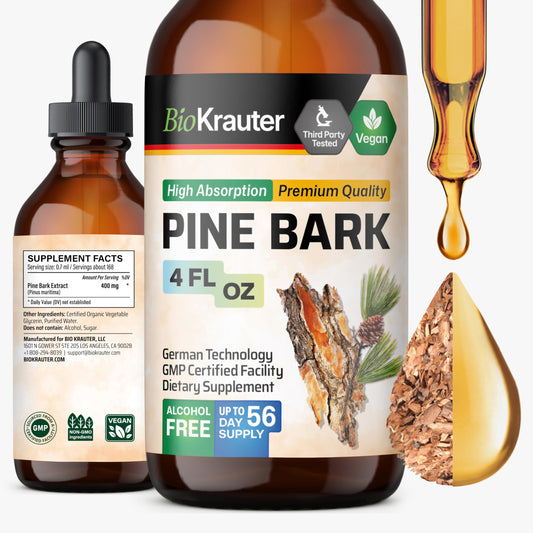 BIO KRAUTER Pine Bark Extract bottle showing antioxidant support for daily wellness.