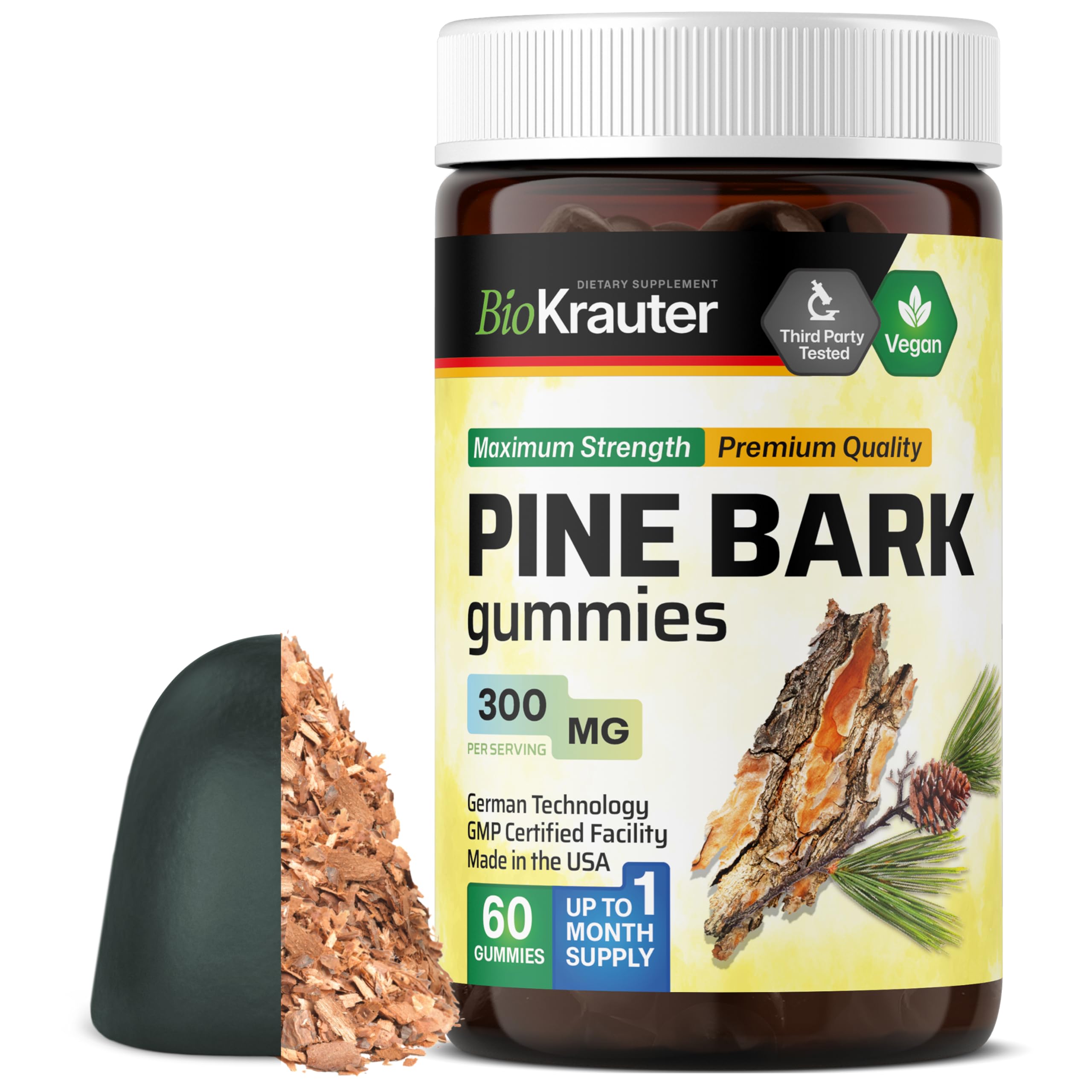 BIO KRAUTER Pine Bark Extract Gummies bottle on shelf offering daily antioxidant support