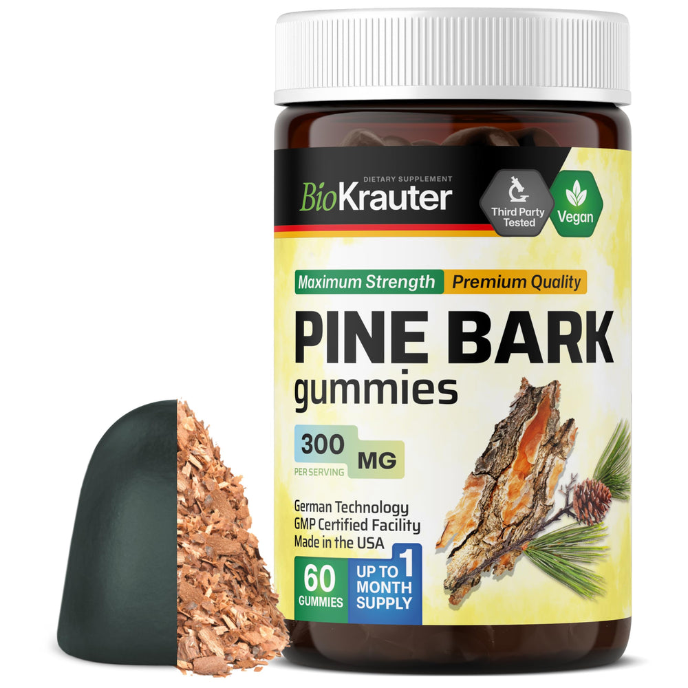 BIO KRAUTER Pine Bark Extract Gummies bottle on shelf offering daily antioxidant support