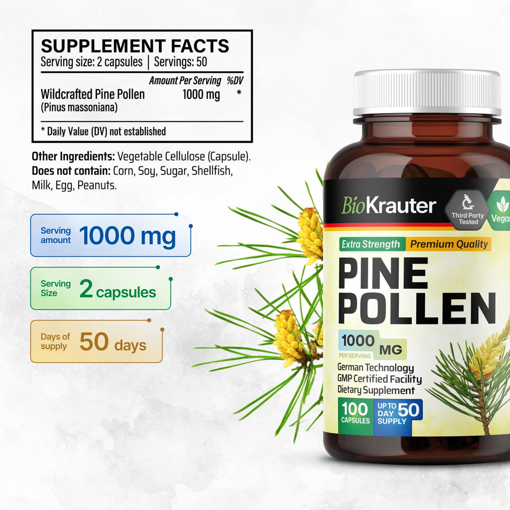 BIO KRAUTER Pine Pollen Capsules close-up showing natural pollen extract