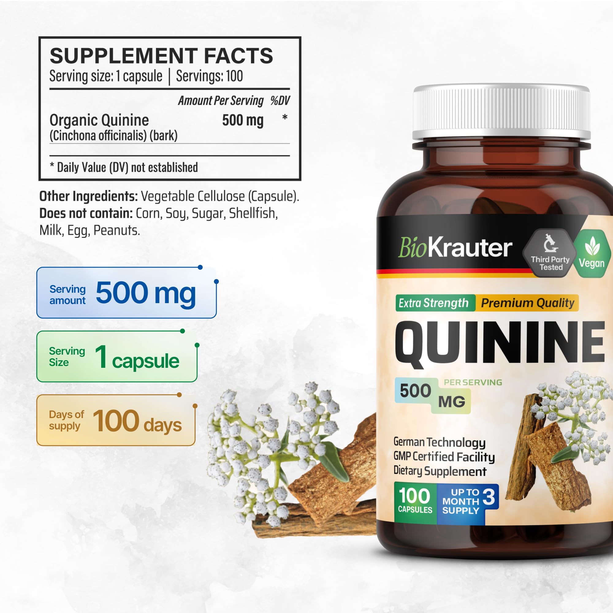 Bio Krauter quinine capsules 500mg label close-up for potency.