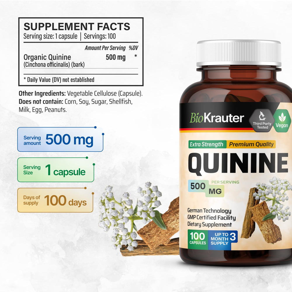 Bio Krauter quinine capsules 500mg label close-up for potency.