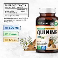 Bio Krauter quinine capsules 500mg label close-up for potency.