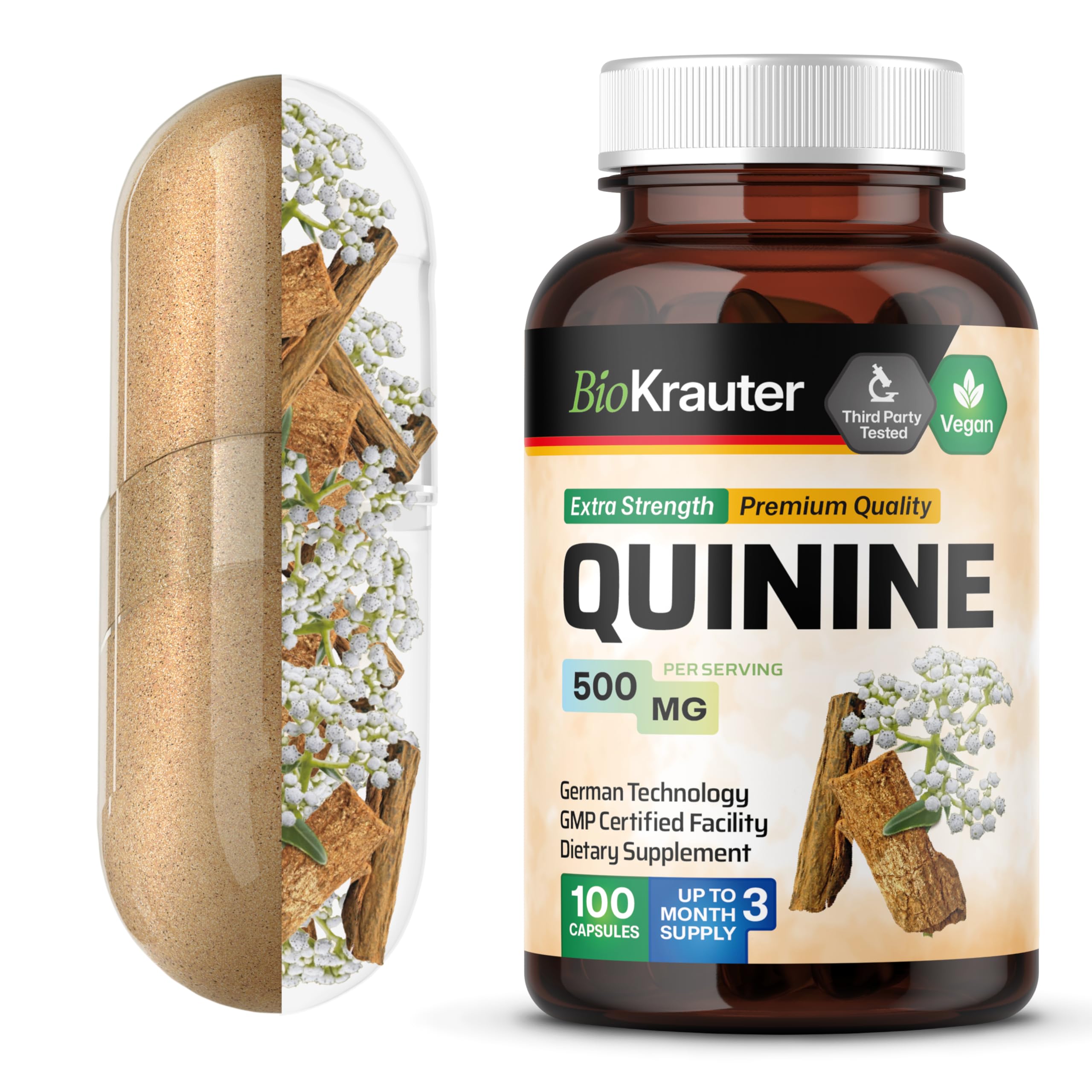 Bio Krauter quinine leg cramps bottle with easy-to-swallow capsules for daily use.