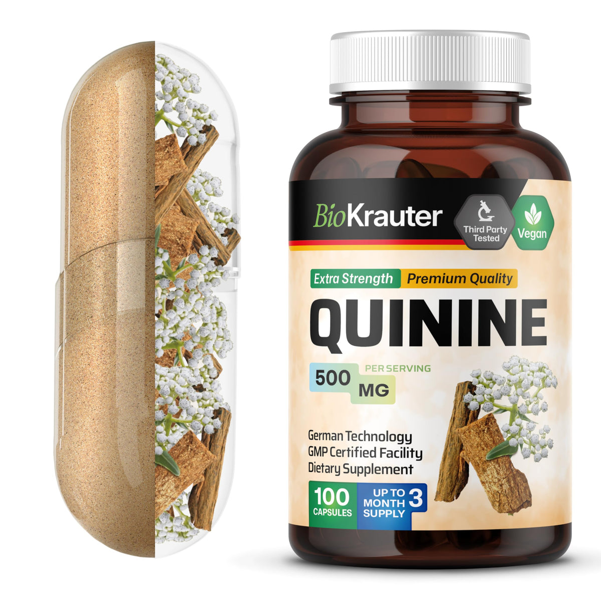 Bio Krauter quinine leg cramps bottle with easy-to-swallow capsules for daily use.