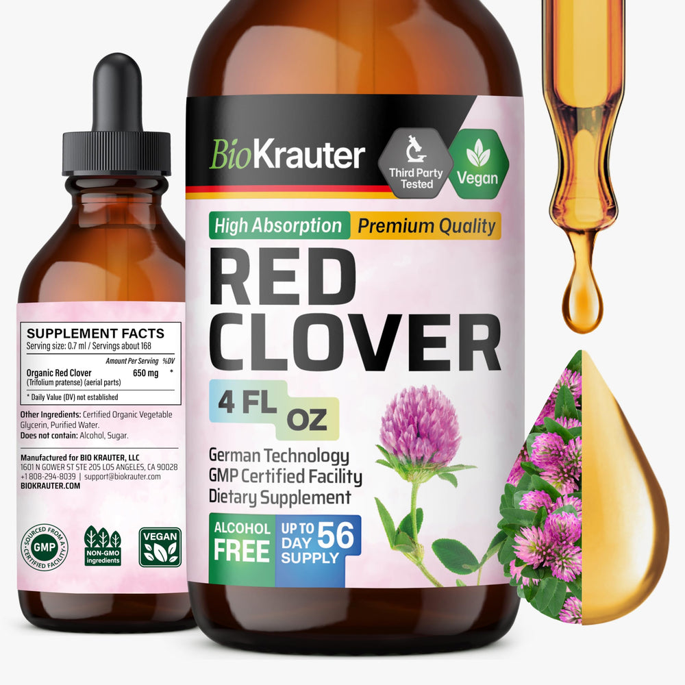 BIO KRAUTER Red Clover bottle with dropper, alcohol-free vegan tincture for daily wellness