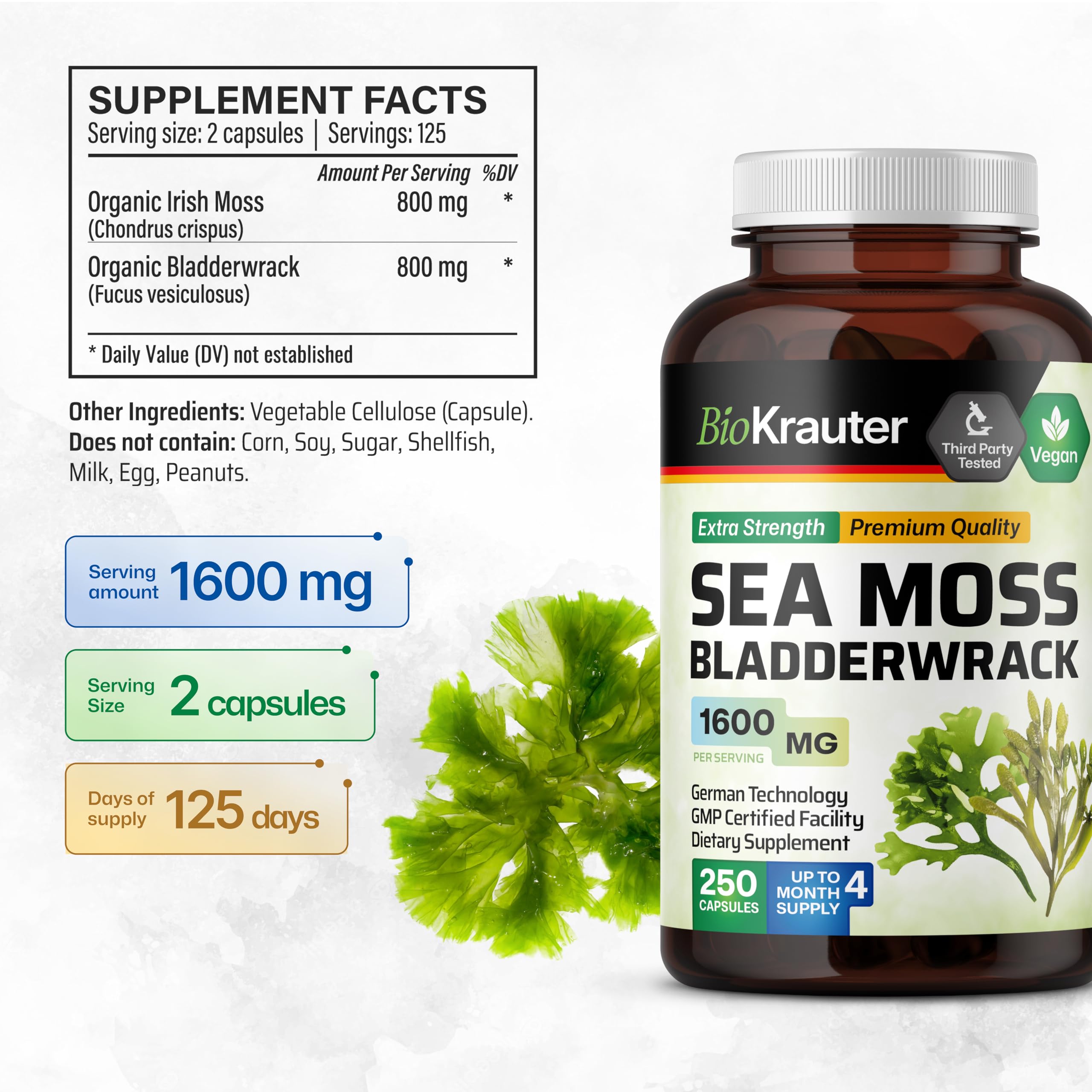 BIO KRAUTER sea moss capsules bottle on table ready for use.