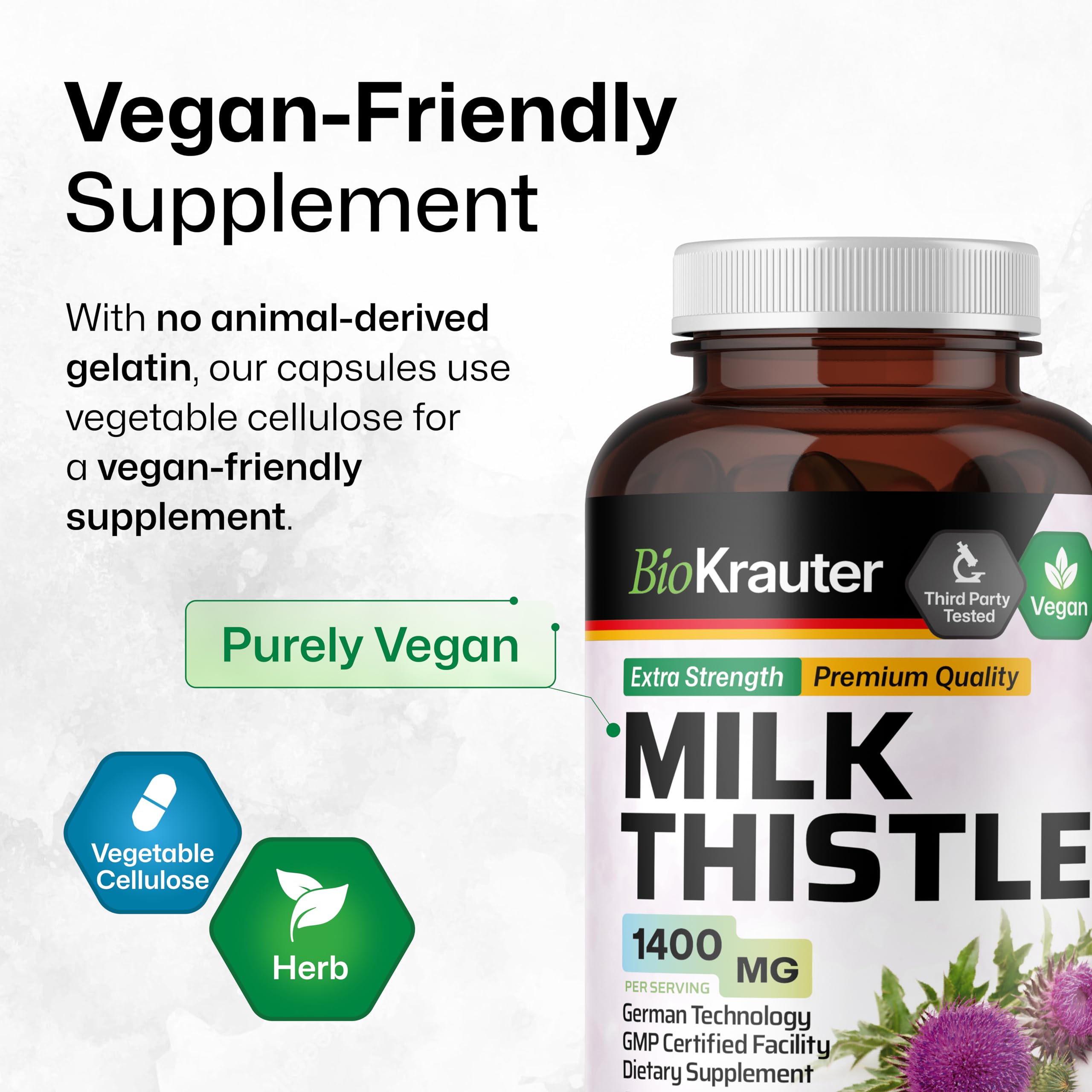 BIO KRAUTER Vegan capsules container highlights non-GMO formula.