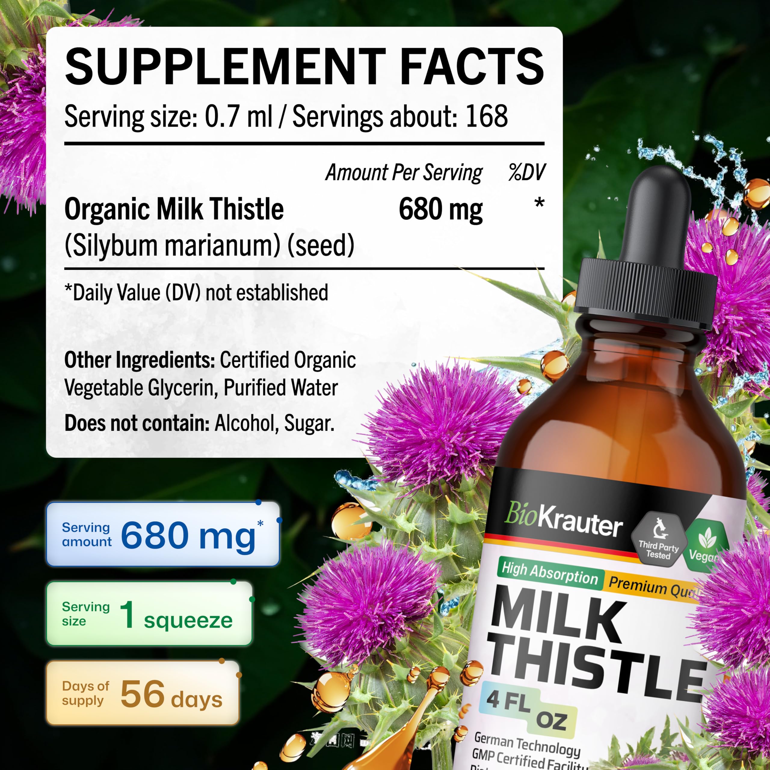 BIO KRAUTER vegan milk thistle tincture bottle shows alcohol-free glycerin formula.