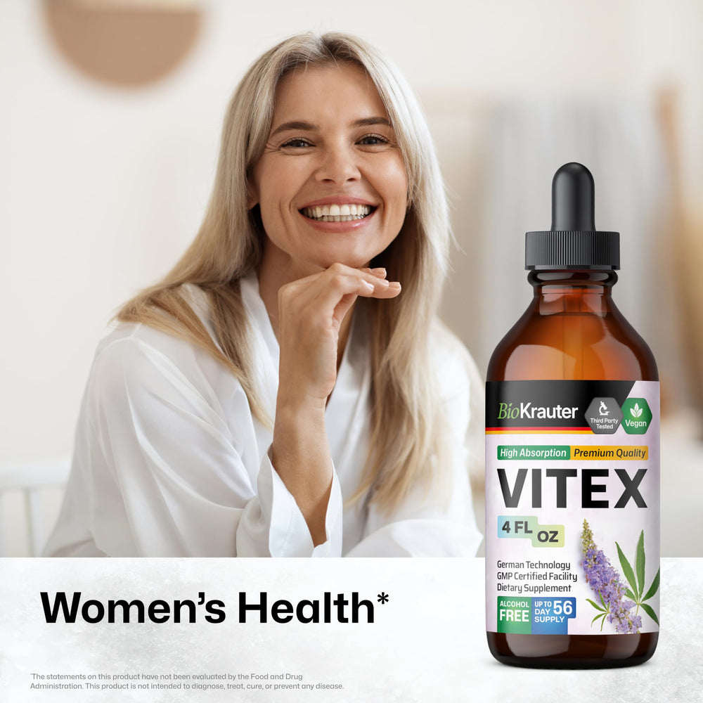 BIO KRAUTER vitex-bottle-label highlights vegan, non-alcohol formula for menopause support