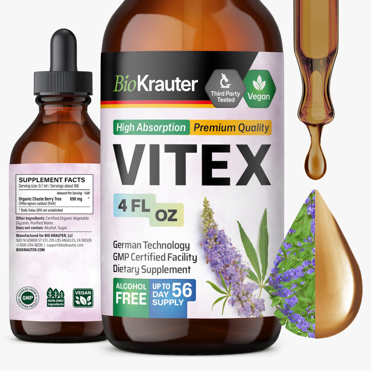 BIO KRAUTER vitex-bottle-pour demonstrates alcohol-free tincture for daily wellness