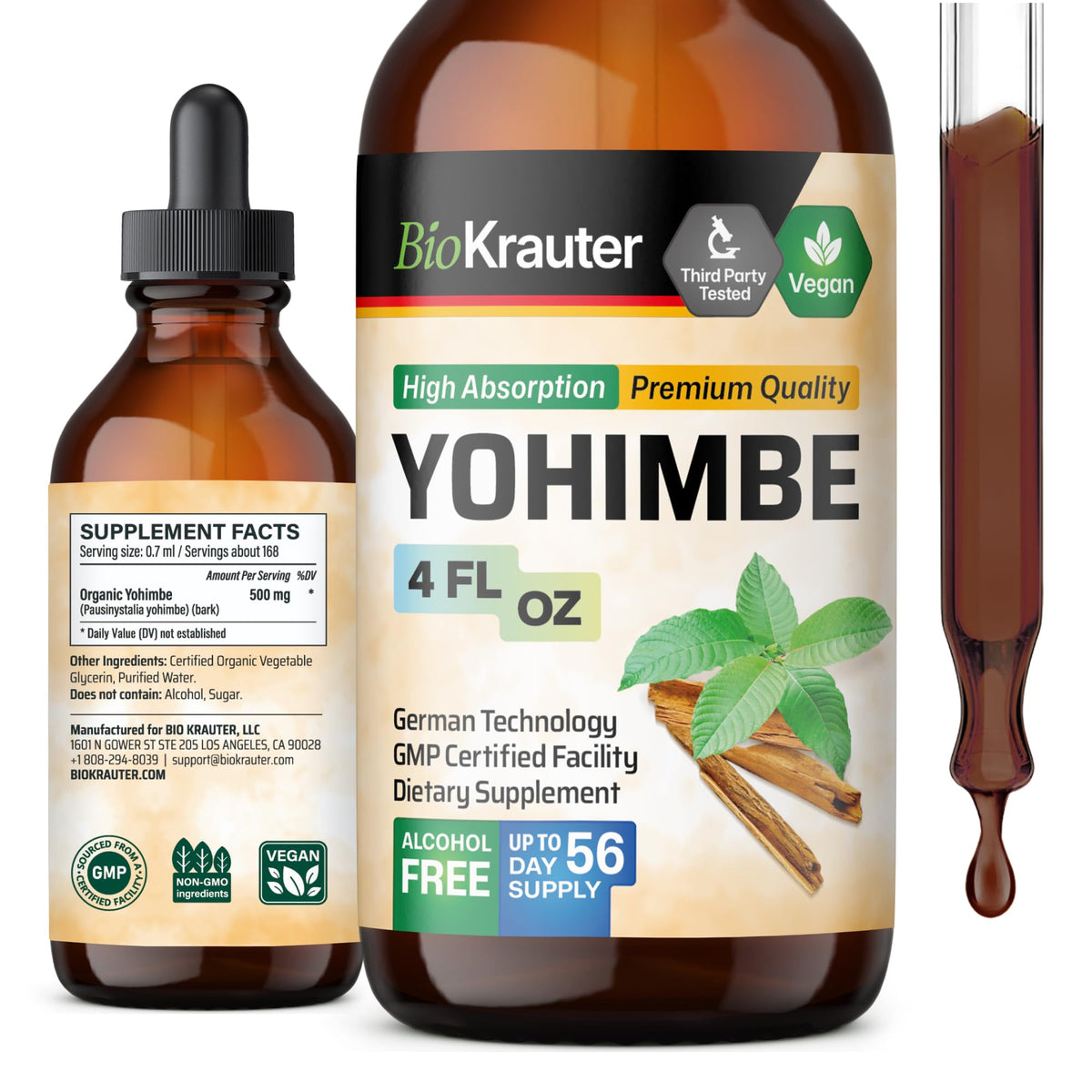 BIO KRAUTER Yohimbe Tincture bottle pour for easy daily dosing