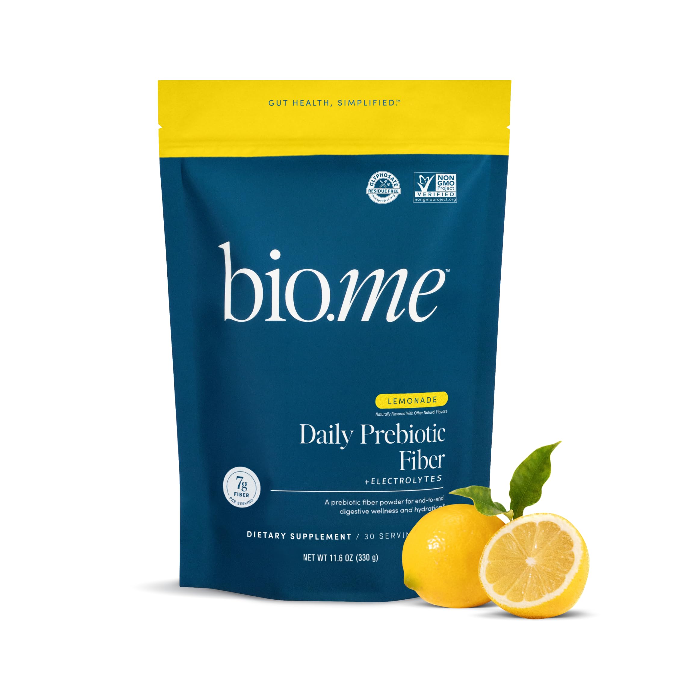 Bio.me Daily Prebiotic Fiber Lemonade bottle for hydration and gut health.