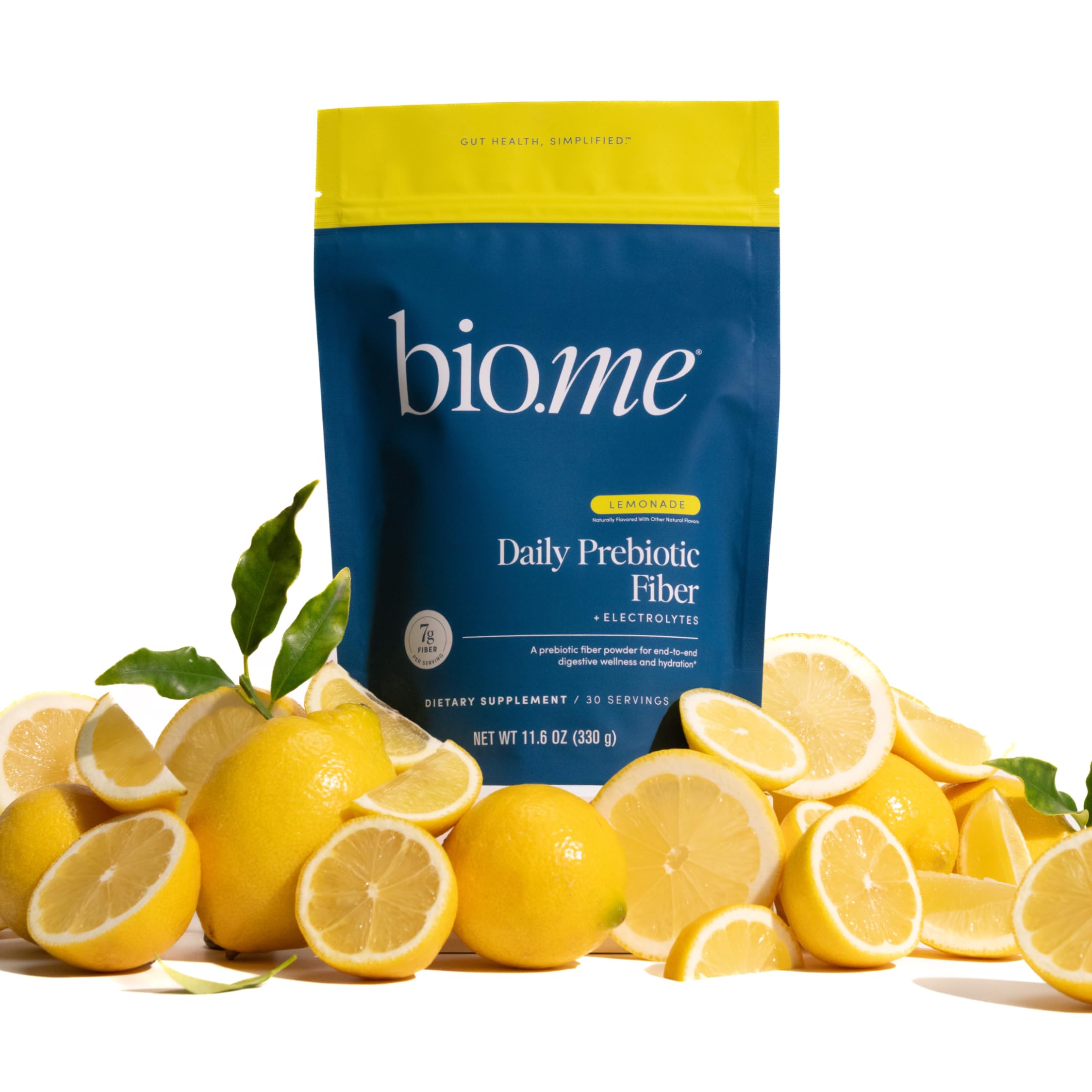 Bio.me daily fiber lemonade on kitchen counter showcases convenient daily wellness ritual.