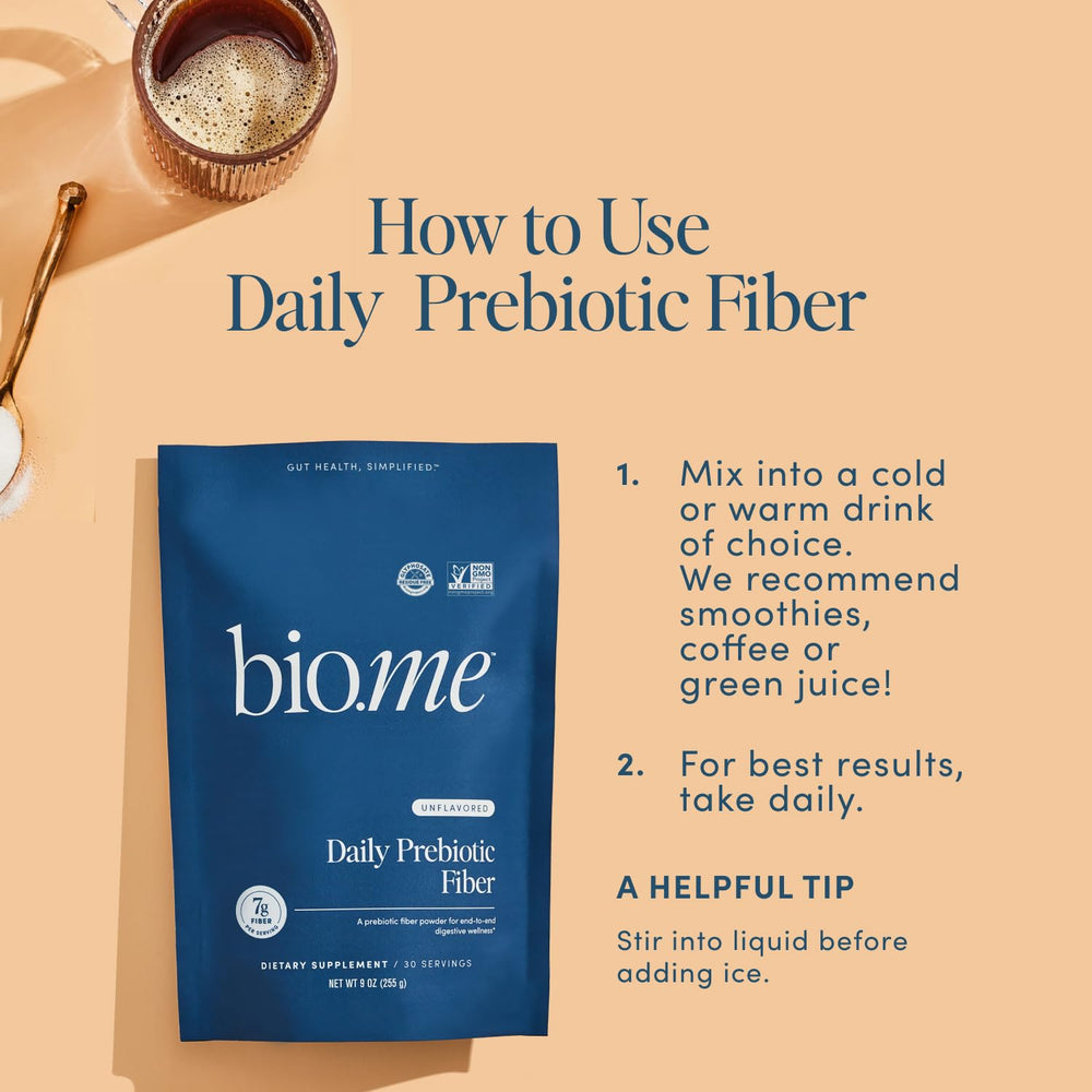 Bio.me Daily Prebiotic Fiber packaging on display emphasizes Glyphosate-free and gluten-free credentials.