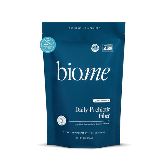 Bio.me Daily Prebiotic Fiber Powder bottle ready for daily digestive support and easy mixing.