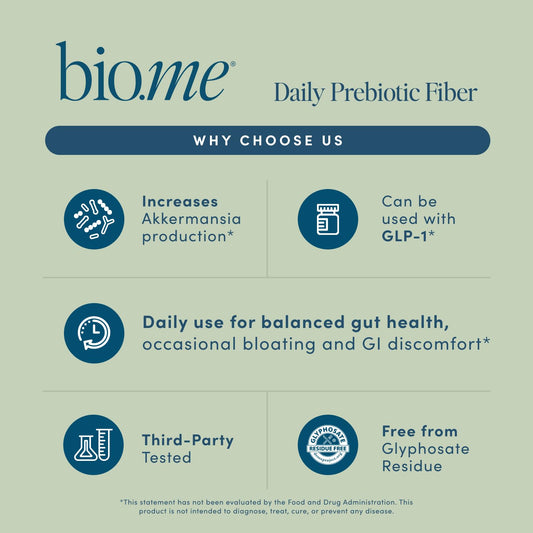 Bio.me Daily Prebiotic Fiber Powder scoop for precise daily intake and steady gut support.