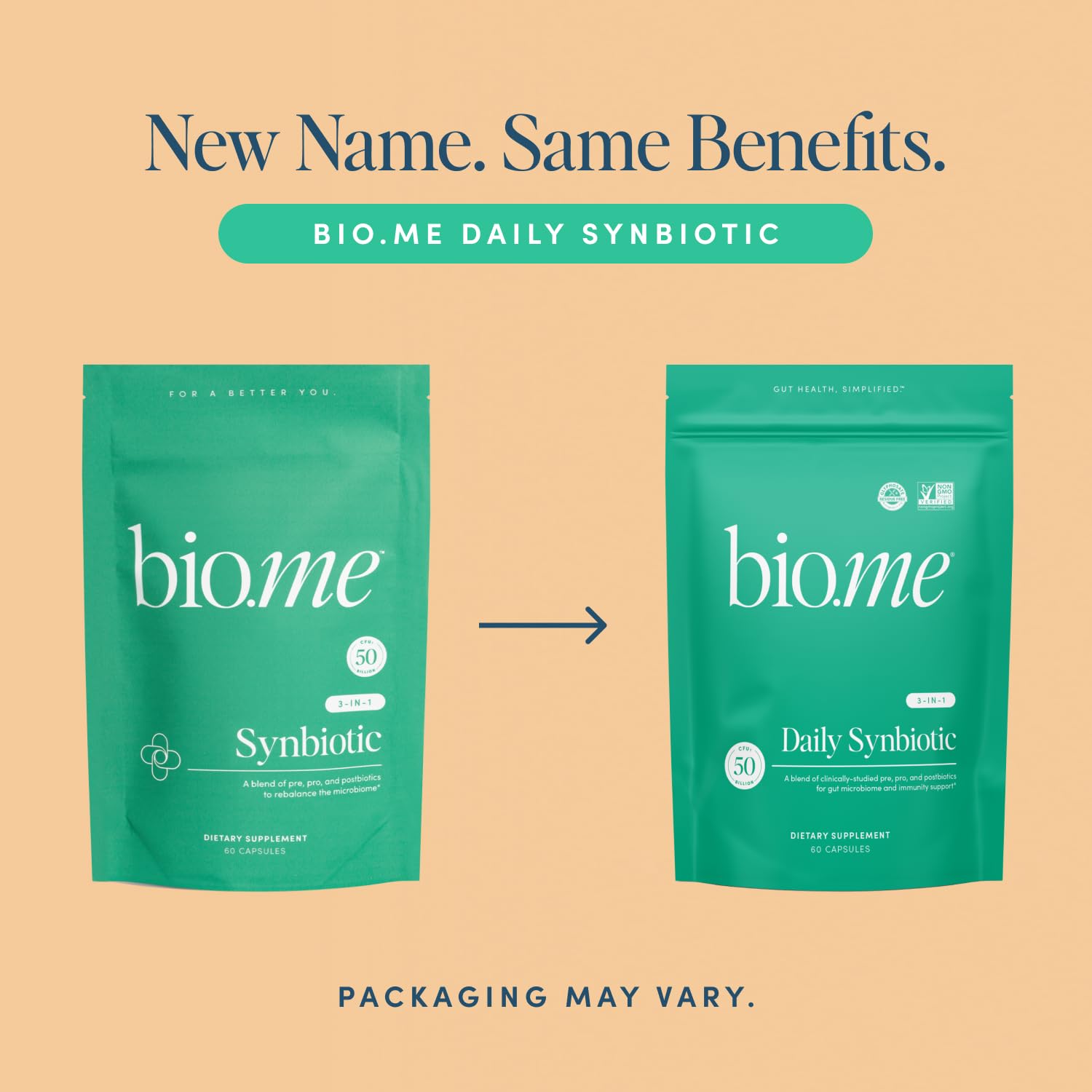 Bio.me Synbiotic bottle visual hints at bloating relief as part of routine
