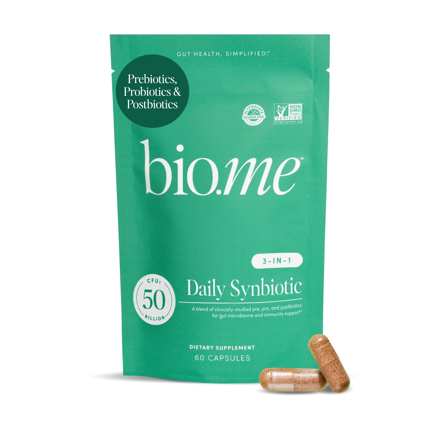 Bio.me Synbiotic bottle front promotes daily digestive health for men and women