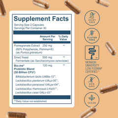 Bio.me Synbiotic bottle side label confirms vegan non GMO formula for gut health